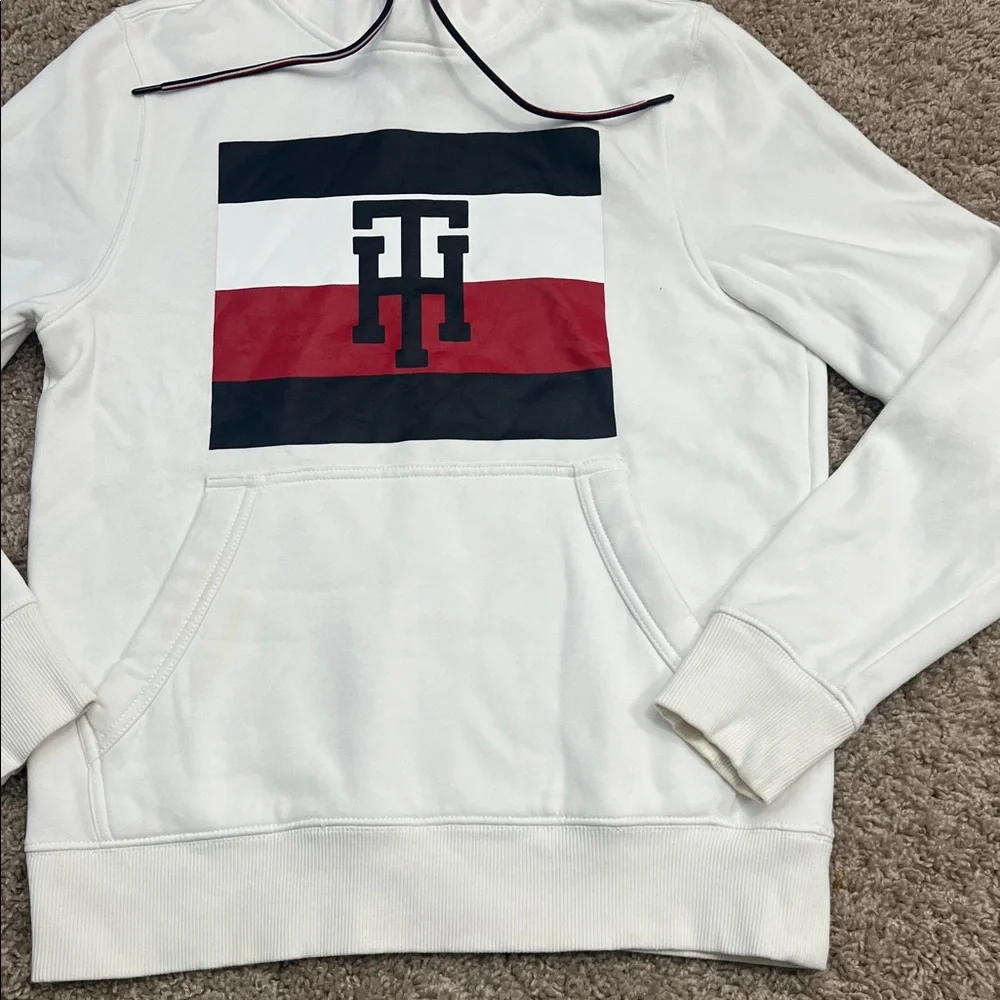 Tommy Hilfiger White Hoodie with Logo and Stripes men’s sz small